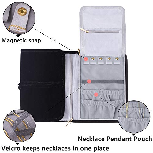 Teamoy Velvet Travel Jewelry Roll Organizer, Jewelry Storage Bag, Black | Foldable Jewelry Case for Necklaces, Earrings, Bracelets, Rings, Large, Soft, Compact and Easy to Carry - color: Velvet-Black