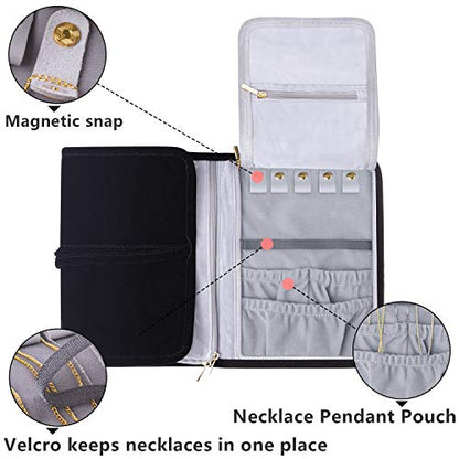 Teamoy Velvet Travel Jewelry Roll Organizer, Jewelry Storage Bag, Black | Foldable Jewelry Case for Necklaces, Earrings, Bracelets, Rings, Large, Soft, Compact and Easy to Carry - color: Velvet-Black