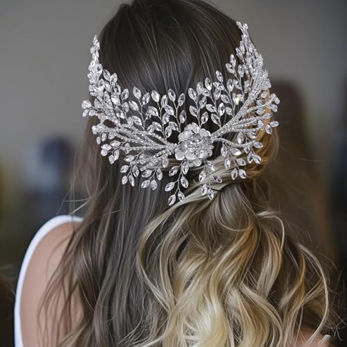 Bridal Headband,Rhinestone Crystal Floral Wedding Headpiece Flower Leaf Hair Accessories for Bride Wedding (Silver) - color: Silver