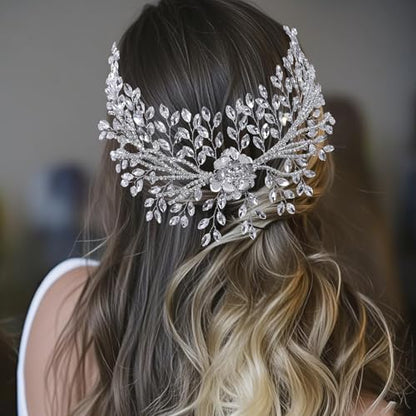 Bridal Headband,Rhinestone Crystal Floral Wedding Headpiece Flower Leaf Hair Accessories for Bride Wedding (Silver) - color: Silver