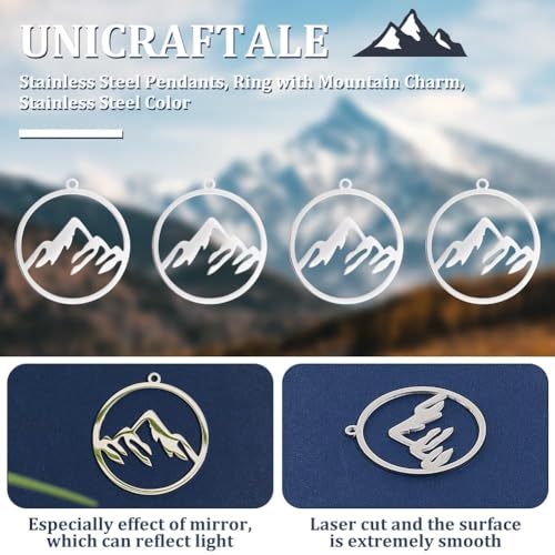 UNICRAFTALE Mountain Charms Flat Round with Mountain Dangle Pendants Stainless Steel Pendants Hypoallergenic Hollow Charms for Outdoor Lovers Hikers Skiers Climbers - style: Snow Mountain