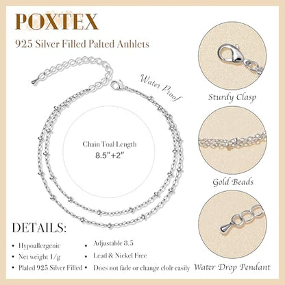 Gold/Sterling Silver Anklet Bracelets for Women Waterproof, Non Tarnish 925 Sterling Sliver Plated Heart Evileye Butterfly Charm, Dainty Summer Beach Anklets for Women, Beach Vacation Bikini Outfits for Her Mom - style: Contemporary