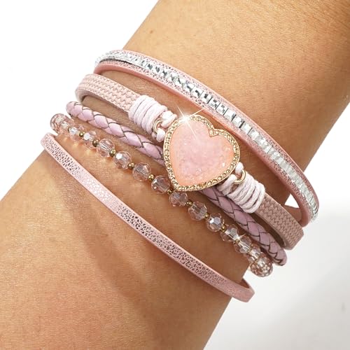 Suyi Multilayer Leather Wrap Bracelet Heart-Shape Wide Bracelets for Women - color: Pink 2