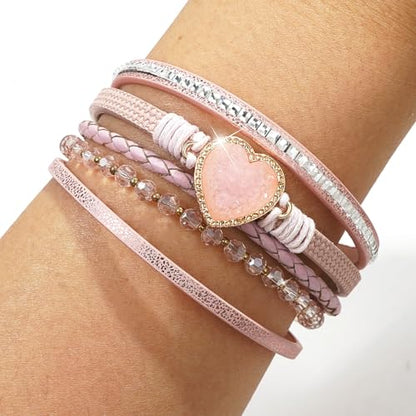 Suyi Multilayer Leather Wrap Bracelet Heart-Shape Wide Bracelets for Women - color: Pink 2