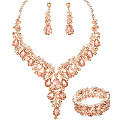 CSY Elegant Crystal Costume Jewelry Sets Flower Bridal Necklace Earrings Stretch Bangle Set for Bride Bridesmaid Wedding Dress Accessories - color: peach crystal-rose gold tone