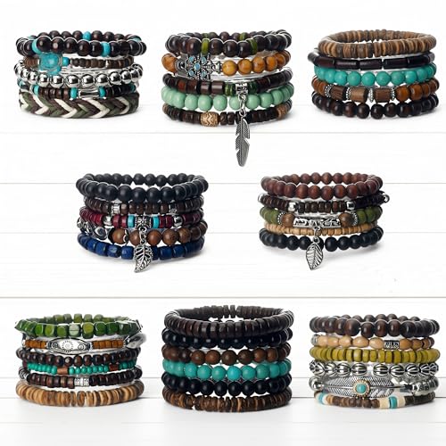 43pcs Boho Hippie Wooden Beads Bracelets unisex for Men and Woman, Gothic Punk Braclets Adjustable, Vintage Beaded Bracelet Set Style for Woman & Men Trendy, Pulseras, Stretch Bracelets Metal Set Wood Bangles Wristbands