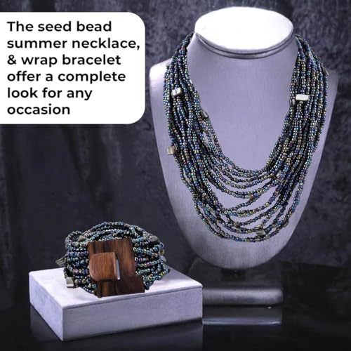Shop LC Seed Bead Necklace Bracelet Set Boho Jewelry for Women | Multi Layered Boho, Wooden Clasp, 18 Inch Necklace, Stretchable Bracelet - color: Peacock