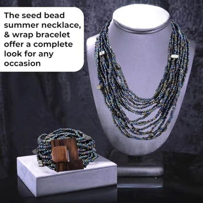 Shop LC Seed Bead Necklace Bracelet Set Boho Jewelry for Women | Multi Layered Boho, Wooden Clasp, 18 Inch Necklace, Stretchable Bracelet - color: Peacock