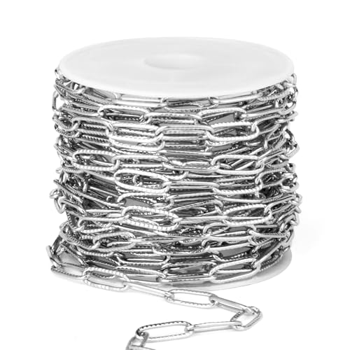 33FT Stainless Steel Paperclip Chain 4.3mm Silver Chain for Jewelry Making | Textured Cable Link Chains Roll Bulk for Necklace Bracelet Crafts - color: stainless steel color