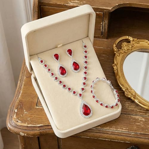 Silver Plated Necklace Earrings Bracelet Crystal Bridal Wedding Jewelry Sets for Wedding princess birthday party Halloween Prom Pageant Jewelry - color: 1-red