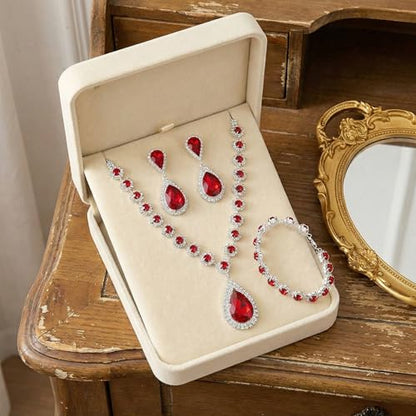 Silver Plated Necklace Earrings Bracelet Crystal Bridal Wedding Jewelry Sets for Wedding princess birthday party Halloween Prom Pageant Jewelry - color: 1-red