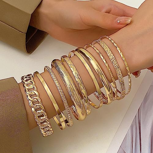 Gold Bangle Bracelets for Women, 14k Gold Plated Multi Layer Textured Stackable Open Bracelet Set Boho Indian Bangles Stackable Set Trendy Elegance Charms Non Tarnish Minimalist Bangle Pack - style: Gold 10Pcs