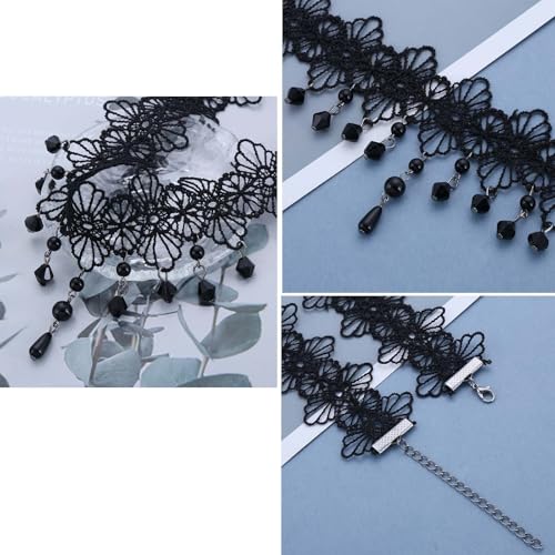 Wide Black Lace Choker Necklace Gothic Lace Pearl Tassel Necklace Short Hollow Flower Tattoo Necklaces Waterdrop Rhinestone Necklaces Halloween Wedding Party Jewelry - style: Style1