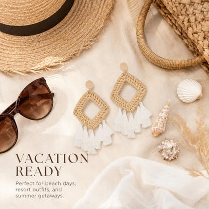 Handmade Raffia Rattan Bohemian Dangle Earrings for Women, Woven Rattan Round Drop Dangle Earrings Beach Jewelry - color: Tassel