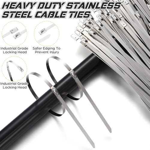 155 Pack Stainless Steel Cable Tie Gun Kit, 150 Pcs 6/8/11.8 Inch Metal Zip Ties (50 of Each), Adjustable Fastening and Cutting Tools for Fence, Chain Link Fence, Pipe, Industrial Use - size: 6/8/11.8 Inch
