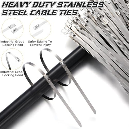 155 Pack Stainless Steel Cable Tie Gun Kit, 150 Pcs 11.8 Inch Metal Zip Ties, Adjustable Fastening and Cutting Tools for Fence, Chain Link Fence, Pipe, Industrial Use - size: 11.8 Inch