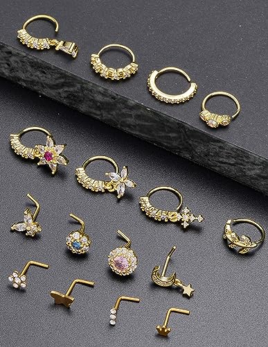 Akeoqi 18Pcs Nose Rings Hoops L Shape Nose Studs Screw Bone CZ Butterfly Flower Cross Leaf Star Crown Heart Nose Nostril Piercings Jewelry Set For Women Men Gold Silver Tone 20G - color: A1:Gold-18PCS