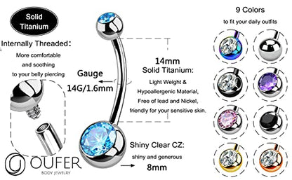 OUFER Titanium Belly Button Rings, Internally Threaded Belly Ring, Round CZ Navel Rings for Women Men - color: Blue, size: 1.6*14MM