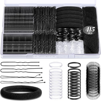 IKOCO 415pcs Bobby Pins Set, U Pins with Hair Ties and Hair Net, Black | Strong Hold, Snag-Free, No Damage, Smooth Edges, Dance Competition & Ballet Ready, For Updos, Buns & Daily Styling - color: Black