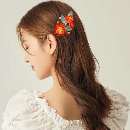 Wedding Hair Clips, Crystal Hair Pins Pearl Rhinestone Hair Barrettes, Bridal Flower Hair Pieces Pearl Headpieces Hair Accessories for Women Girls (Red) - color: Red