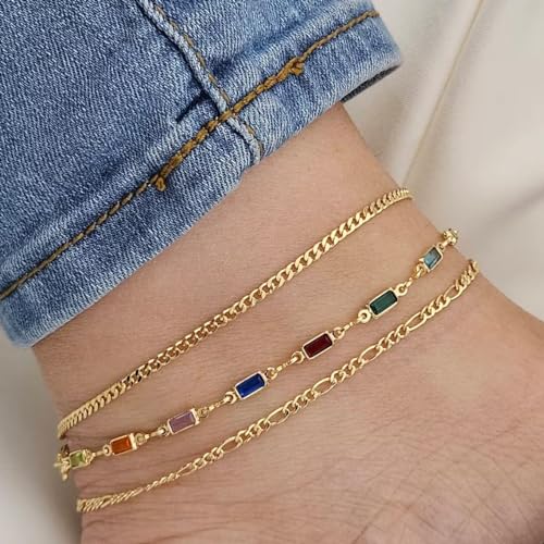 Rotnso Anklets for Women 14K Gold Silver Plated Ankle Bracelets Trendy Waterproof Boho Anklets Set Adjustable Dainty Cute Diamond Beaded Heart Non Tarnish Summer Beach Jewelry Gift - style: 3Pcs Cuban&Baguette&Figaro-GD