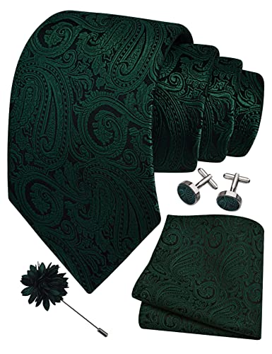 GUSLESON 3.15"（8cm） Mens Tie and Lapel Pin Paisley Necktie Hankerchief Cufflinks Set for Men - color: Hunter Green