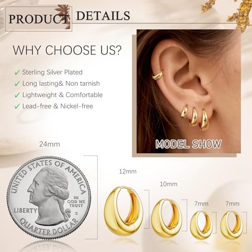 Small Chunky Hoop Earrings for Women, 14K Plated Huggie Stack | Chunky Hoop Stud Earrings Stackable, Lightweight Huggie Cartilage Ear for Multiple Piercing Jewelry Gift for Daily Wear - style: 4 Pairs-Gold