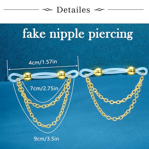 Longita Silver Gold Fake Nipple Rings Non Piercing Nipple Jewelry with Chain Adjustable Elastic Nooses Non Pierced Faux Body Jewelry for Women Men Comfortable Valentine's Day - color: B2- chain - gold