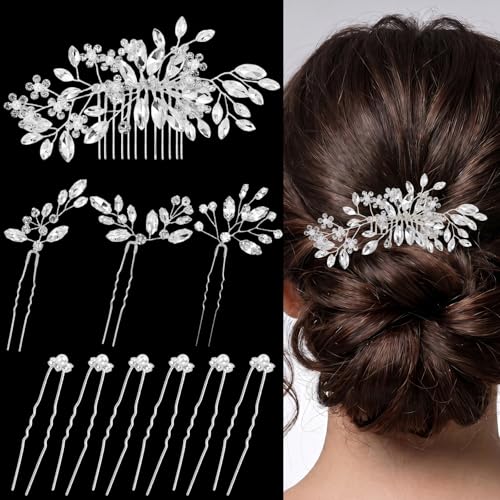 10 Pcs Bride Hair Pins Rhinestone Comb for Women, Crystal Wedding Headpiece Handmade Head Accessories for Bridal Friend, Hair Jewelry Bridesmaids Prom Party Favors Celebration Gifts (Classic, Silver)