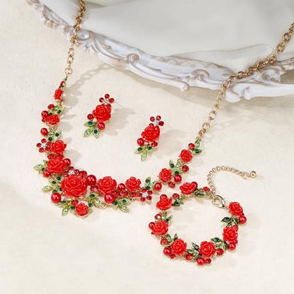 EVER FAITH Costume Jewelry Crystal Simulated Pearl Rose Flower Leaf Prom Party Statement Necklace Earrings Bracelet Set for Women - color: Red Gold-Tone