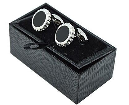 Gear Black Stone Cufflinks Set,5Pcs Studs, Collar Clips with Gift Box for Formal Tuxedo, Tuxedo Shirt, French Dress