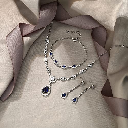 EVER FAITH Bridal Jewelry Set for Women, Stunning Teardrop Cubic Zirconia Birthstone Necklace Bracelet Earrings Sets Gift for Mothers Day/Valentines/Birthday/Christmas - color: Blue