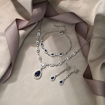 EVER FAITH Bridal Jewelry Set for Women, Stunning Teardrop Cubic Zirconia Birthstone Necklace Bracelet Earrings Sets Gift for Mothers Day/Valentines/Birthday/Christmas - color: Blue