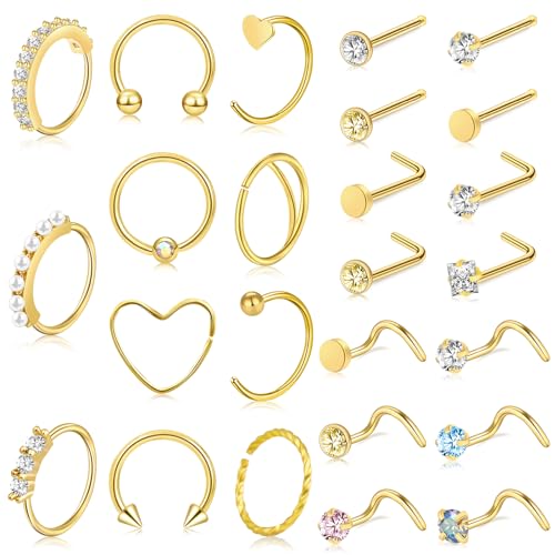 35-70 PCS 18G 20G Nose Rings for Women & Men - Gold Hoops, L Shape, Studs & Screw - 316L Surgical Stainless Steel - color: Color M-25pcs