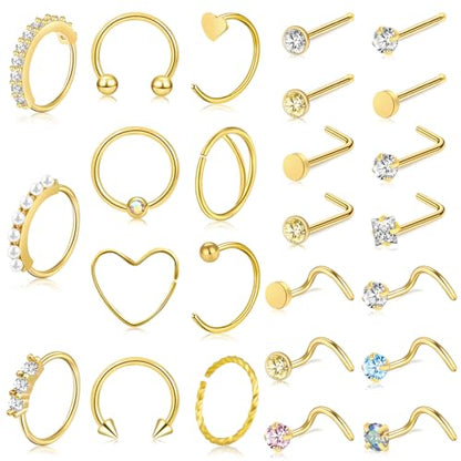 35-70 PCS 18G 20G Nose Rings for Women & Men - Gold Hoops, L Shape, Studs & Screw - 316L Surgical Stainless Steel - color: Color M-25pcs