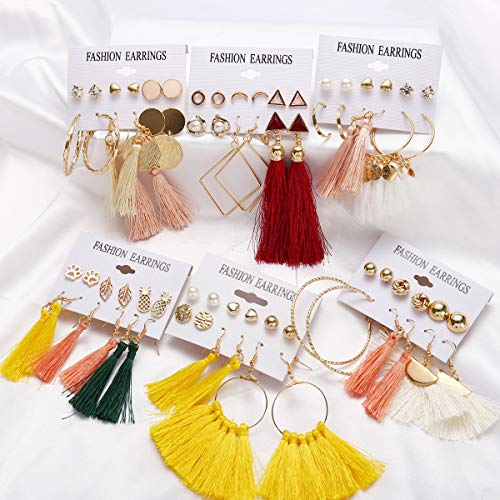 18-32 Pairs Tassel Earrings Set with Colorful Tassel Long Layered Dangle Hoop Tiered Thread Earrings Set for Women Jewelry Fashion and Valentine Birthday Party Gift - style: 93 Pairs Tassel Earrings