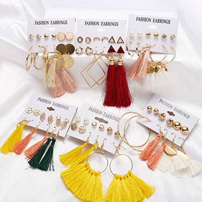 18-32 Pairs Tassel Earrings Set with Colorful Tassel Long Layered Dangle Hoop Tiered Thread Earrings Set for Women Jewelry Fashion and Valentine Birthday Party Gift - style: 93 Pairs Tassel Earrings