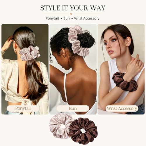 2 PCS Brown Jumbo Satin Silky Scrunchies 6.5 Inches Oversized Scrunchie Extra Large Big Hair Ties Ponytail Holder for Thick Curly Hair Women (Brown, Pink Taupe) - color: Brown, Pink Taupe