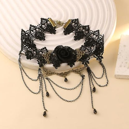 Gothic Victorian Style Vampire Choker Necklace for Women Black Crystal Tassel Lace Collar Necklace Halloween Punk Black Sexy Lace Necklace Halloween Cavewoman Costume - style: Black Roses