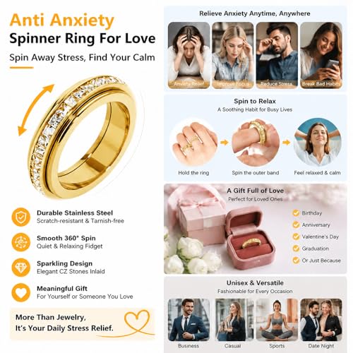 6mm Titanium Fidget Rings for Women Anxiety Relieving, Full Cubic Zirconia Eternity Wedding Band Ring, Hypoallergenic Stainless Steel Gold Rings No Tarnish Love Statement Jewelry