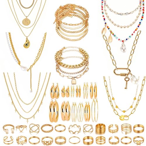 KOSMOS-LI 60 PCS Gold Plated Jewelry Sets with Costume Necklaces, Bracelets, Earrings, Knuckle Rings for Women - color: goldJJ220K