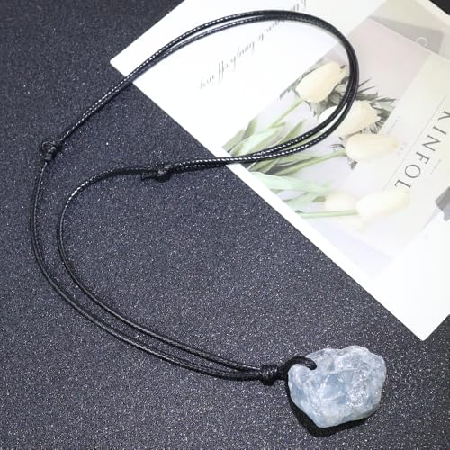 Natural Raw Crystal Necklace for Women Irregular Stone Necklaces Spiritual Gemstone Pendant with Adjustable Rope - color: A-Blue Celestite