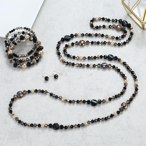 Trendy Infinity Wrap 60’’ Long Statement Necklace, Earrings and Bracelet Set - Hand Knotted Versatile Crystal and Shell Beads Strand Necklace and Chunky Beaded Stretch Bracelet Stack – Jewelry Set Gift for Women - color: Black