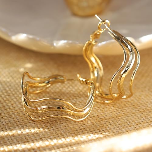 Chunky Large Gold Puffy Open Hoop Earrings for Women,Trendy Statement Big Minimalist Wavy Huggie Earing Prom Jewelry Gift - color: Triple