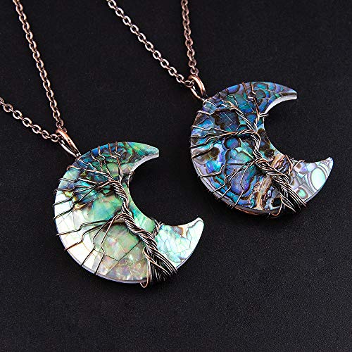 Bivei Life Tree Crescent Moon Necklaces for Women | Copper Wire Wrap Gemstones Pendant Crystals and Natural Stones Necklace Witch Jewellery Christmas Valentine's Day for Friends - color: Blue Abalone Shell, style: Pack of 1