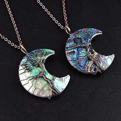 Bivei Life Tree Crescent Moon Necklaces for Women | Copper Wire Wrap Gemstones Pendant Crystals and Natural Stones Necklace Witch Jewellery Christmas Valentine's Day for Friends - color: Blue Abalone Shell, style: Pack of 1