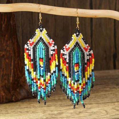 Bohemian Tassel Colorful Beaded Earrings For Women Trendy, Long Fringe Feather Drop Jewelry Handmade Gifts. - color: color6