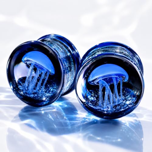 Stuppendux 4 Style 2Set Color Ocean Jellyfish Glass Double Flared Ear Plugs Tunnels Expander Stretching Kit Gauge 0g-5/8 8-16mm - color: Blue=10MM