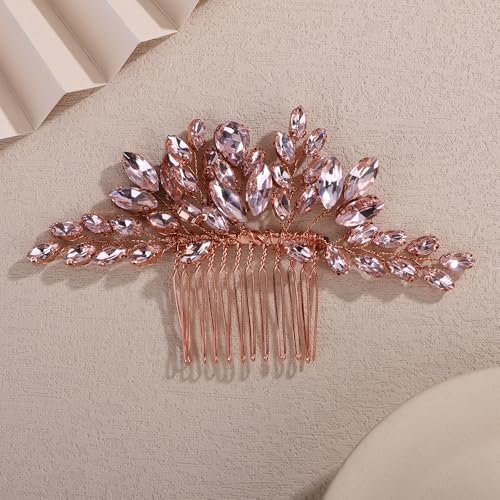 Teyglen Bridal Crystal Hair Comb Full Rhinestone Wedding Hair Comb Pink Teardrop Crystal Hair Piece for Bride Wedding Hair Accessories for Women Bridal Headpiece (Pink) - color: Pink