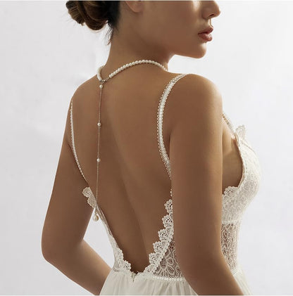 White Elegant Boho Pearl Back Chain Necklace Vintage Pearl Backdrop Long Sexy Tassel Pendant Body Chain Backless Dress Accessories for Women Wedding Brides and Prom Off-shoulder Dressing